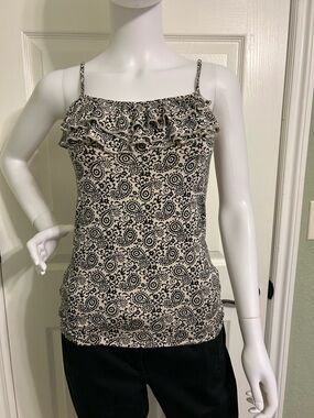 LOFT Black & Cream Paisley Ruffle Camisole